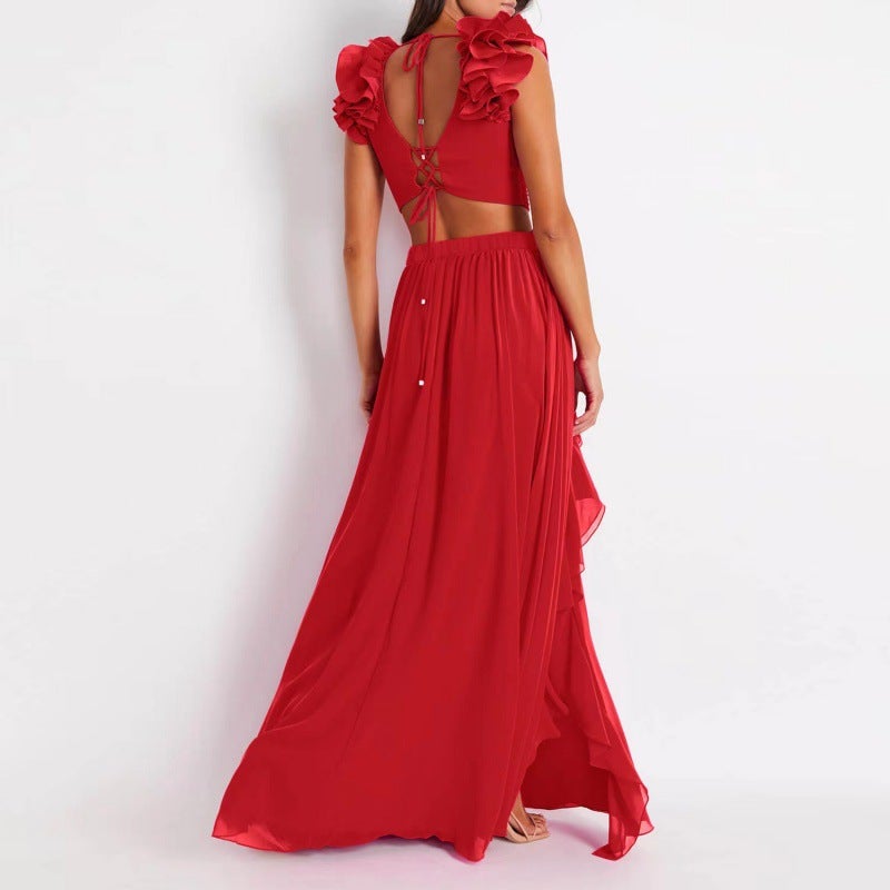 2024 New One-Piece Swimsuit 3D Three-Dimensional Flower Shoulder Decoration Hollow One-Piece Swimsuit And Umbrella Skirt Set - Image 3