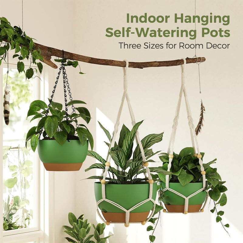 Bamworld 3-Pack Macrame Plant Hangers Indoor with Chain — Self-Watering Hanging Planters w/Drainage Holes & Removable Saucer, (11/9/8 in) — Ideal Plant Hanger for Hanging Plant displays(Green) - Image 3