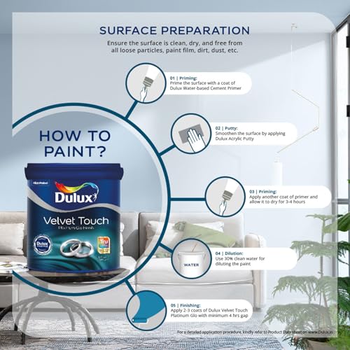 Dulux Platinum Glo Super Premium Interior Emulsion Paint For Walls With 6 Years Warranty| Rich Matte Finish | Dirt & Dust Resistant | Smooth Colors, White(4 Litre,White) - Image 2