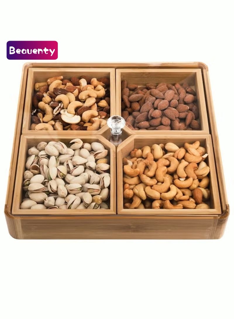 Beauenty Bamboo Nut and Candy Serving Tray Party Appetizer Platter Veggie Dish Candy Bowl with Acrylic Lid & Removable Dividers for Party Taco Dip Parties Platters & Chip Bowls - Image 1