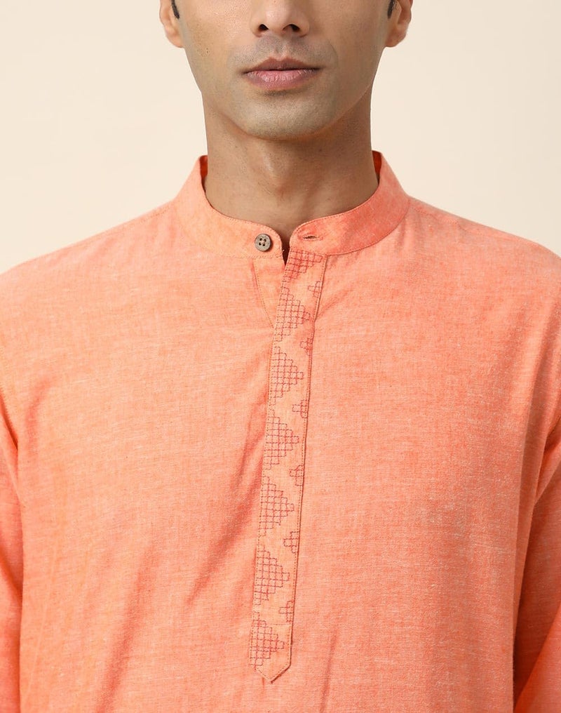 Fabindia Men's Orange Cotton Embroidered Slim Fit Long Kurta - Image 5