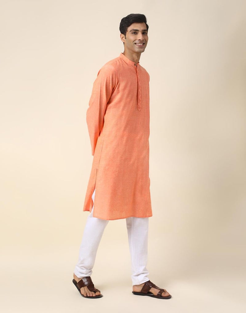 Fabindia Men's Orange Cotton Embroidered Slim Fit Long Kurta - Image 3