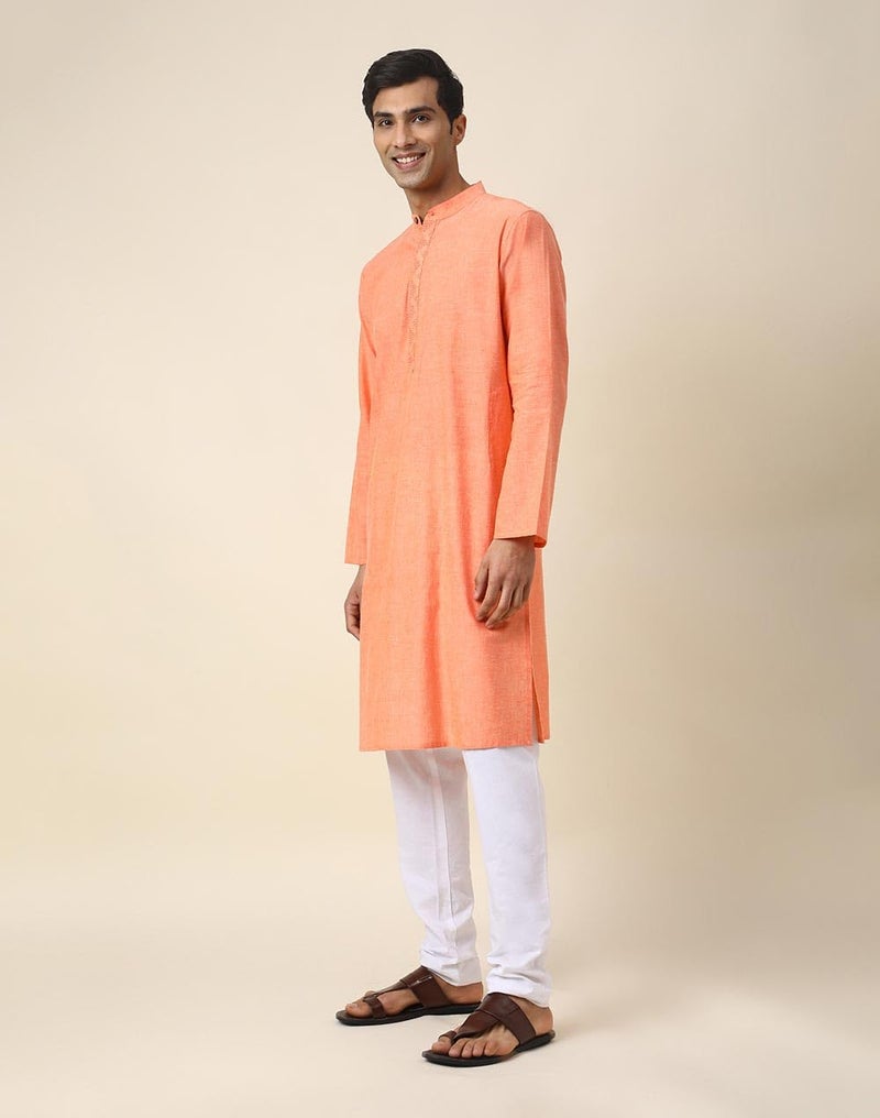 Fabindia Men's Orange Cotton Embroidered Slim Fit Long Kurta - Image 2