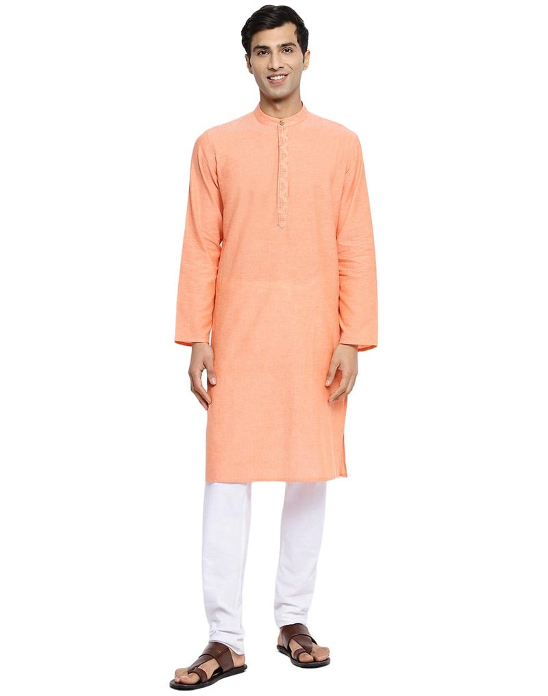 Fabindia Men's Orange Cotton Embroidered Slim Fit Long Kurta - Image 1
