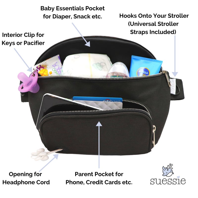 Suessie Fanny Pack Diaper Bag - with Baby Changing Pad & Waterproof Wipes Pocket - Stroller Organizer Black - Image 2