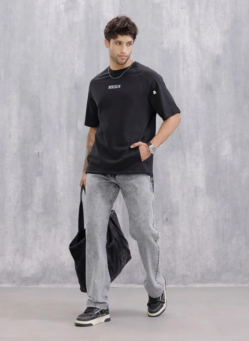 روجن Tonal Cut&Sew Oversized Fit T-shirt With Patch Pocket And Elasticated Bottom Hem | Black