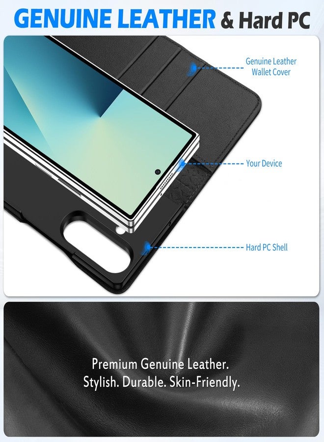 SHIELDON Genuine Leather Wallet Case for Galaxy Z Fold7 (8.0-inch) 5G 2025, RFID Blocking, Card Holder, Kickstand, Magnetic Closure, Full Protection, Shockproof, Flip Folio Phone Cover - Black - Image 3