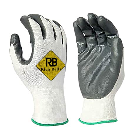 RB with RICH BELLS RICH BELLS AntiCut Premium Grey White Full Fingered Nitrile Coated Safety Hand Gloves 3 Pairs 