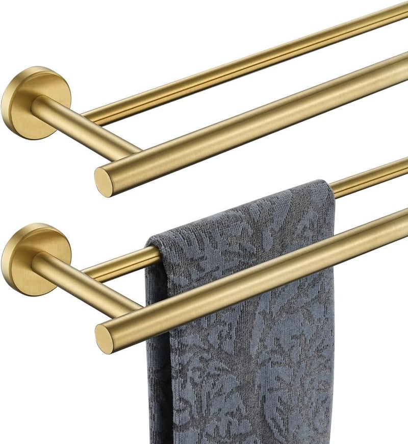 JQK Double Bath Towel Bar, Brushed Gold 33 Inch 304 Stainless Steel Thicken 0.8mm Towel Rack for Bathroom, Towel Holder Wall Mount, Useable Length 30 Inch 2 Pack, TB100L30-BG-P2 - Image 1