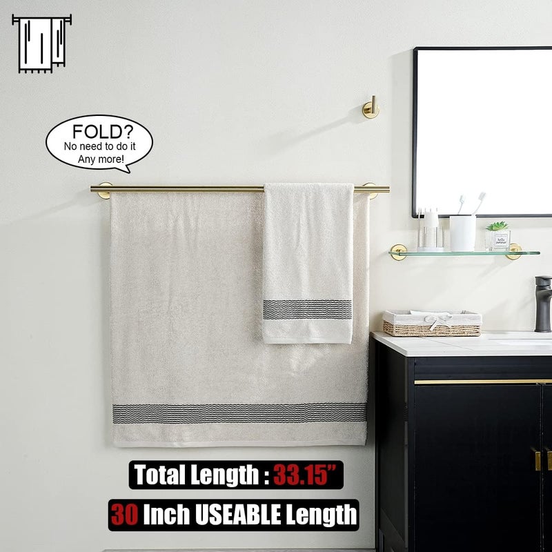 JQK Double Bath Towel Bar, Brushed Gold 33 Inch 304 Stainless Steel Thicken 0.8mm Towel Rack for Bathroom, Towel Holder Wall Mount, Useable Length 30 Inch 2 Pack, TB100L30-BG-P2 - Image 3