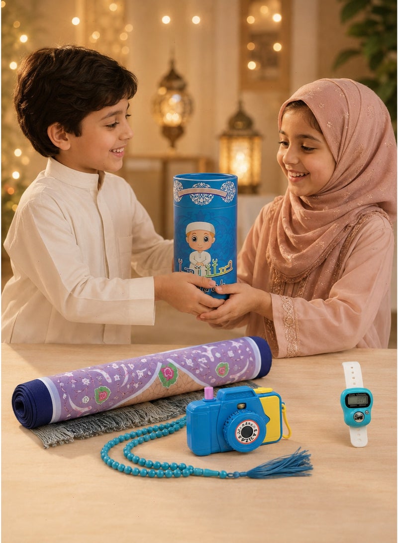 Ramadan Prayer Mat Set, Children's Prayer Rug with Prayer Beads, Toy Camera, Storage Paper Tube, Ramadan Gift for Boys: Fun Prayer Mat - Image 3
