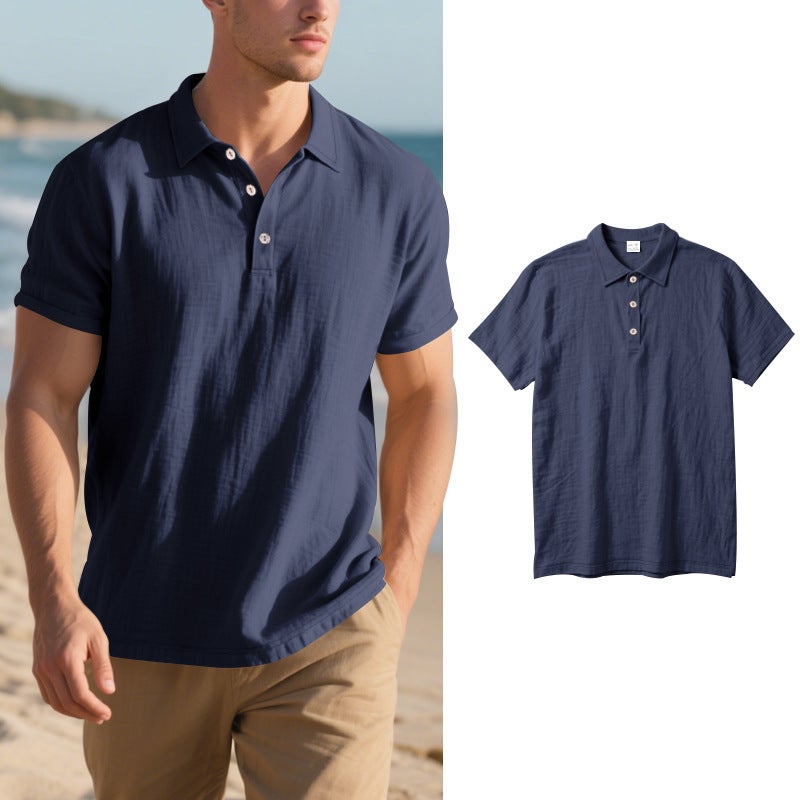 Men's Linen Relaxed Fit Polo Shirt Short Sleeve Breathable Turn-Down Collar T-Shirt - Image 2