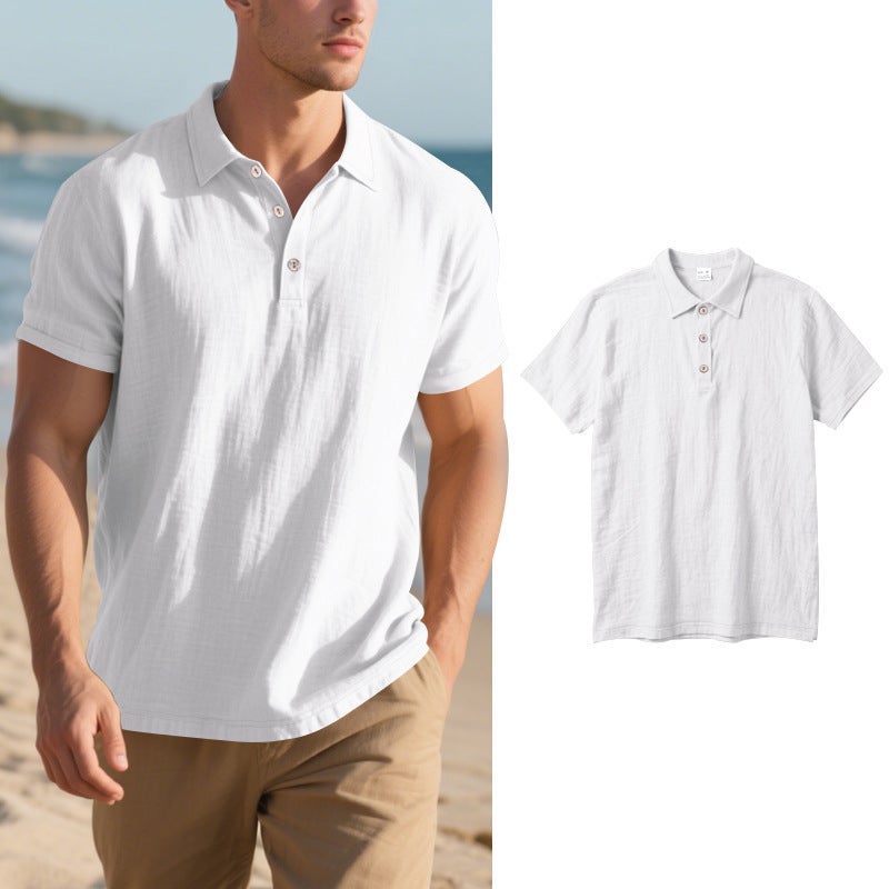 Men's Linen Relaxed Fit Polo Shirt Short Sleeve Breathable Turn-Down Collar T-Shirt - Image 3