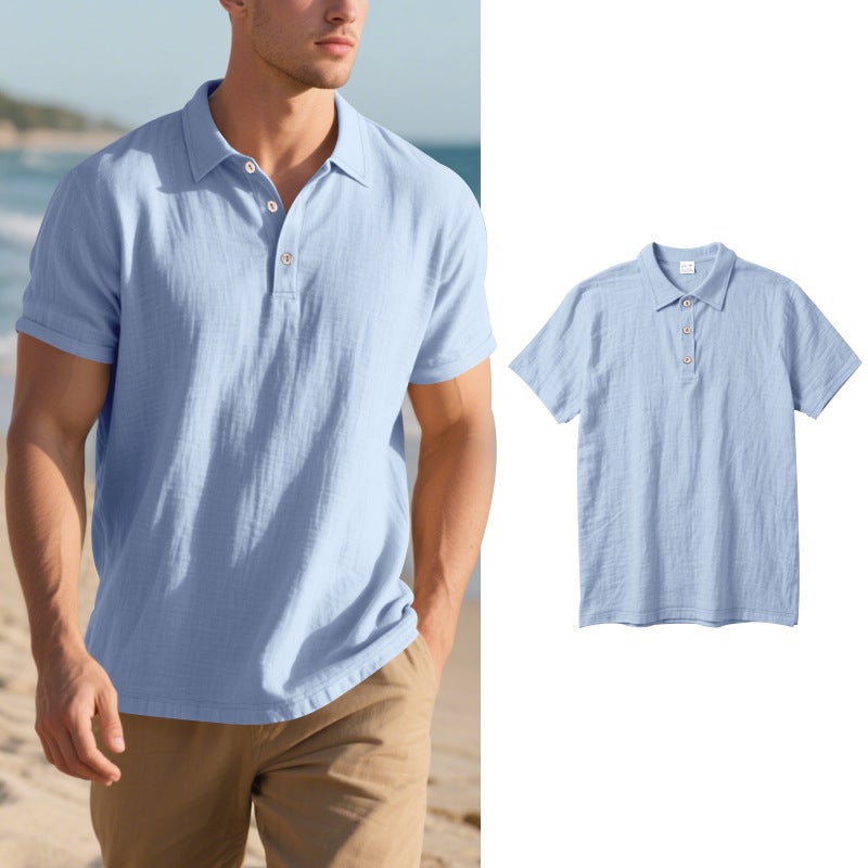 Men's Linen Relaxed Fit Polo Shirt Short Sleeve Breathable Turn-Down Collar T-Shirt - Image 4