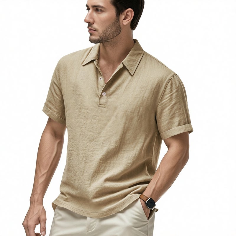 Men's Linen Relaxed Fit Polo Shirt Short Sleeve Breathable Turn-Down Collar T-Shirt - Image 1