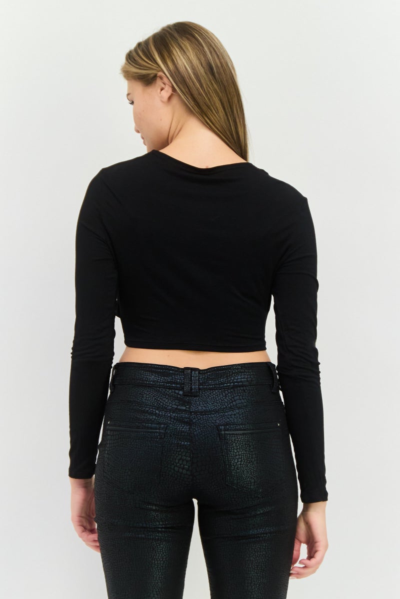 SOUTH BEACH Women Crisscross Neck Long Sleeves Solid Top, Black - Image 3