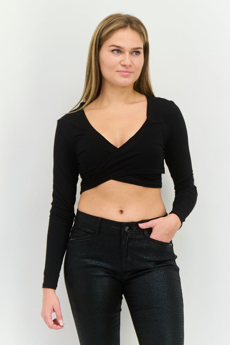 SOUTH BEACH Women Crisscross Neck Long Sleeves Solid Top, Black - Image 1
