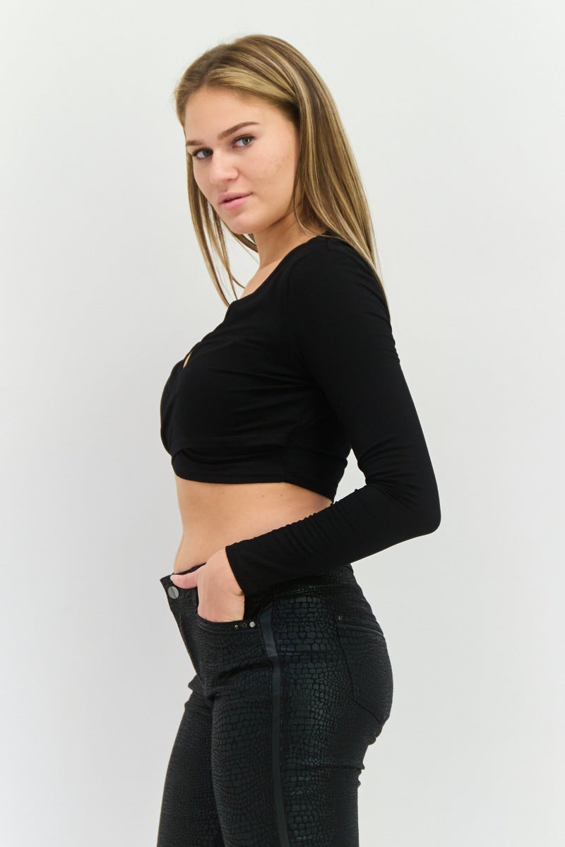 SOUTH BEACH Women Crisscross Neck Long Sleeves Solid Top, Black - Image 2