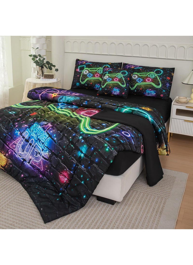 NINENINE NINENINE Gaming Bedding Sets  6PCS Full Size Comforter Size for Boys Gaming Bedding Sets for Boys Bed in A Bag Gaming Comforter Sets(1Comforter 1Flat Sheet 1Fitted Sheet 1Cushion Cover 2Pillowcases)  - Image 3