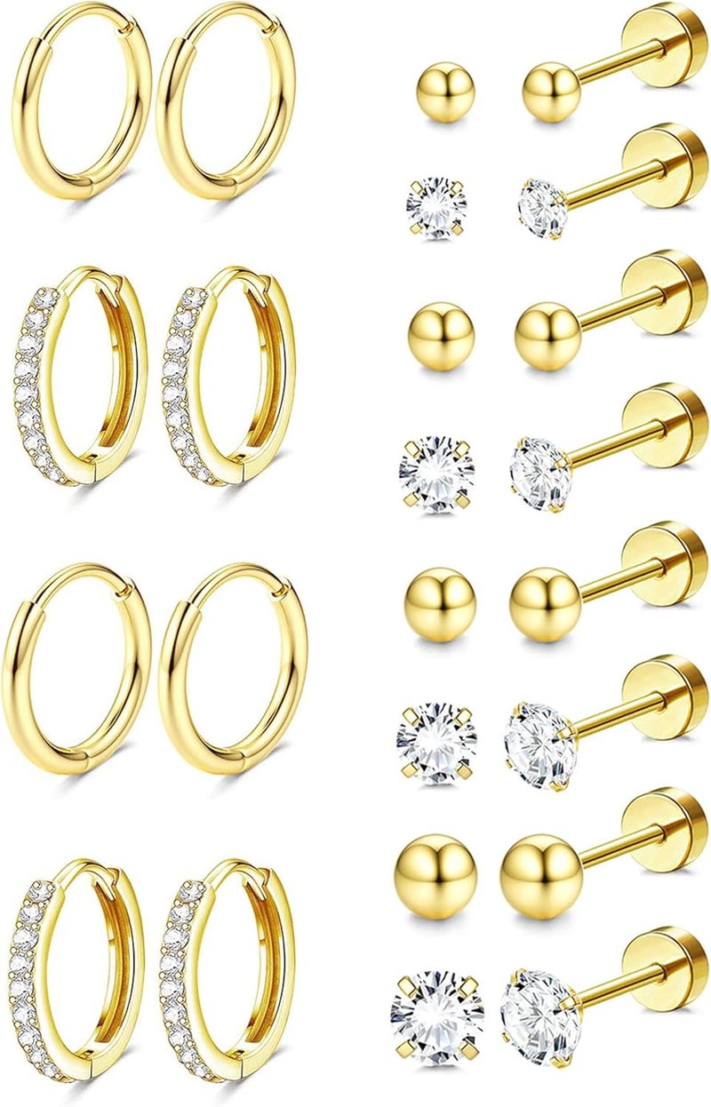 Jstyle Demand-based stock planning Ear jewellery for sensitive ears, hypoallergenic surgical steel, 14K gold, flat back, women, men, small stainless steel stud ring, cartilage set, various piercings Global production standard crafted - Image 1