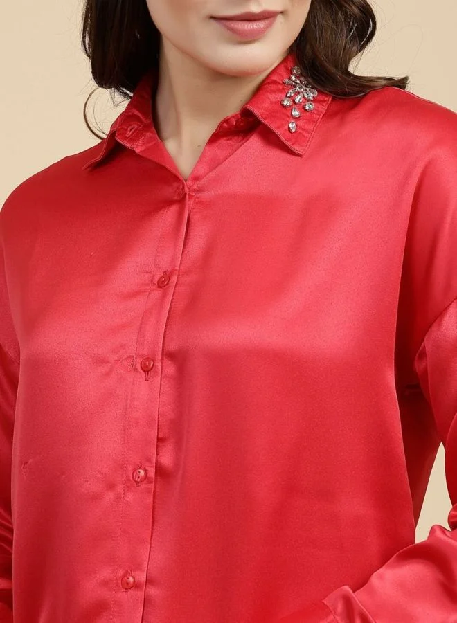 مرفوعة Women Regular Fit Embellishment Shirt Collar Long Sleeve Shirt