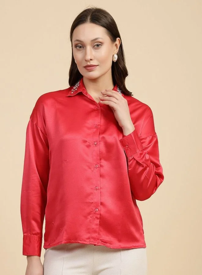مرفوعة Women Regular Fit Embellishment Shirt Collar Long Sleeve Shirt