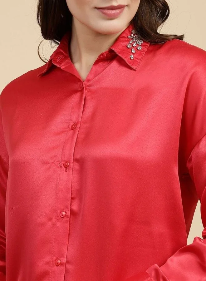Freehand Women Regular Fit Embellishment Shirt Collar Long Sleeve Shirt