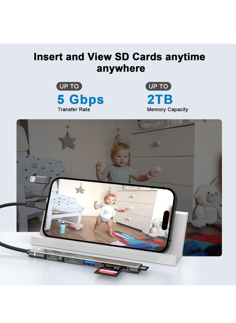 KASTWAVE - SD Card Reader for iPhone iPad, 5-in-1 For Lightning & USB C to Micro SD/SD Card Reader & USB OTG Adapter, Memory Card Reader with USB C Charging Port Compatible with iPhone 15/14/iPad - Image 1