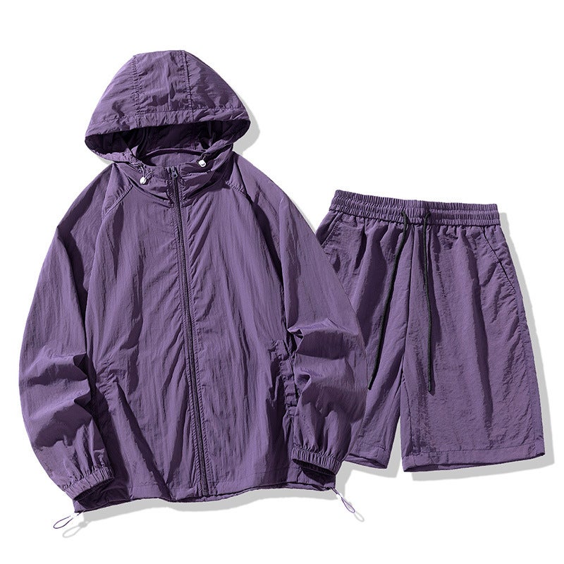 Ice silk suit summer new mens and womens cold breathable quick-drying anti-ultraviolet ice silk sunscreen all-match two-piece suit purple suit - Image 1