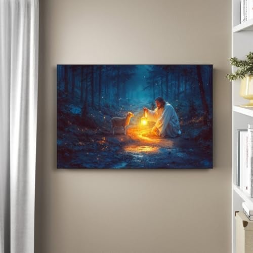 Ploceiny Christian wall art decor for prayer room Jesus and Lamb canvas Wall decor Jesus Running After Lost Lamb Picture for Home Decor Baptism gifts for boysgirl serenity prayer wall art A393 24X16 - Image 3