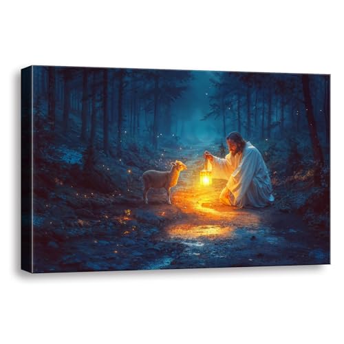 Ploceiny Christian wall art decor for prayer room Jesus and Lamb canvas Wall decor Jesus Running After Lost Lamb Picture for Home Decor Baptism gifts for boysgirl serenity prayer wall art A393 24X16 - Image 1