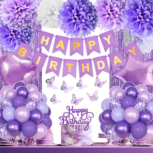 Aurasys Purple Birthday Decorations Happy Birthday Party Decorations with Happy Birthday Banner Butterfly Purple Balloons Pom Poms Foil Fringe Curtain for Party Birthday Decor - Image 1