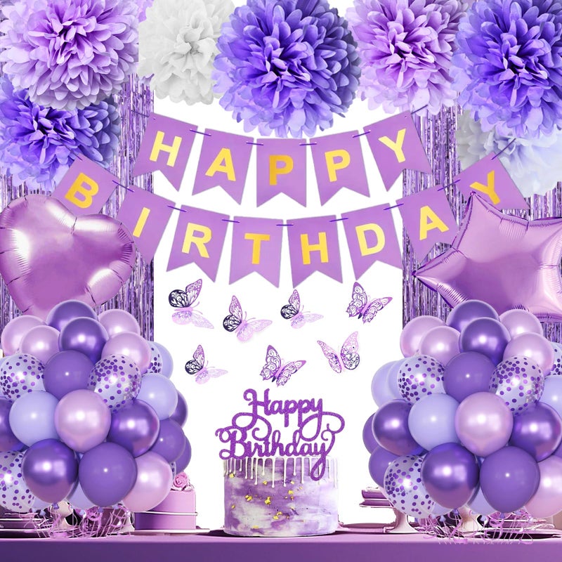 Aurasys Purple Birthday Decorations Happy Birthday Party Decorations with Happy Birthday Banner Butterfly Purple Balloons Pom Poms Foil Fringe Curtain for Party Birthday Decor - Image 2