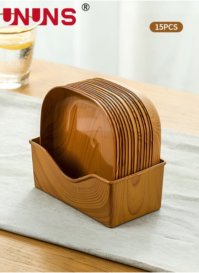 UNUNS 15 Pcs Wooden Grain Plates,Square Dinner Plate Tray Set With Storage Holder,Reusable Appetizer Dessert Plates Set,Heavy Duty Elegant Trays,Sturdy Dinner Plates For Dishes Snack Dessert Salad  - Image 1