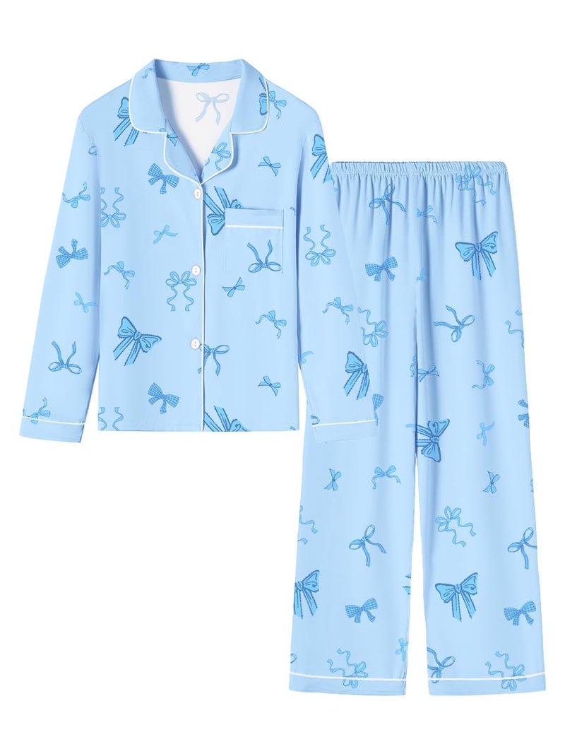 Umeyda Girls & Women Pajamas Set Long Sleeve Button-Down Sleepwear Nightwear Soft Pjs Set Loungewear, Bow Blue, 13-14 years - Image 1