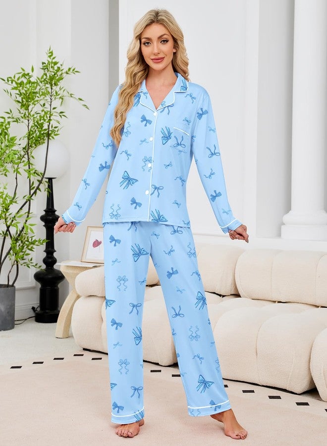 Umeyda Girls & Women Pajamas Set Long Sleeve Button-Down Sleepwear Nightwear Soft Pjs Set Loungewear, Bow Blue, 13-14 years - Image 5