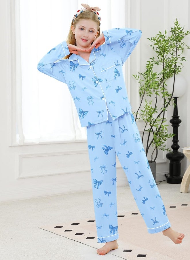 Umeyda Girls & Women Pajamas Set Long Sleeve Button-Down Sleepwear Nightwear Soft Pjs Set Loungewear, Bow Blue, 13-14 years - Image 3