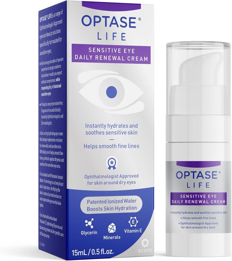 Optase Life Sensitive Eye Daily Renewal Cream Instantly Hydrating and Soothing Eye Cream with Ionized Water Glycerin Vitamin E Suitable for Skin Care around Dry Eyes 15ml