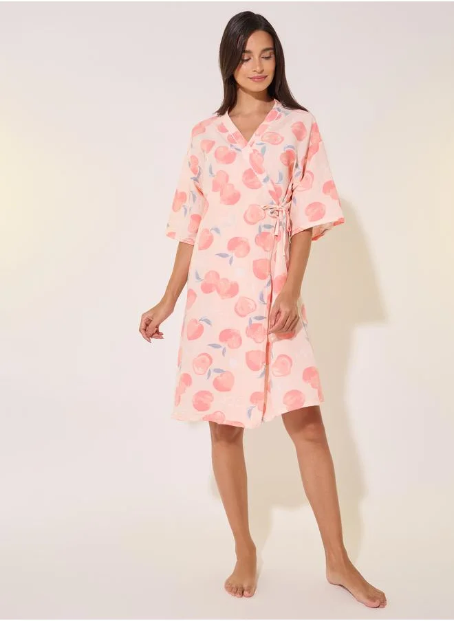 Styli Graphic Peach Print Short Sleeve Robes