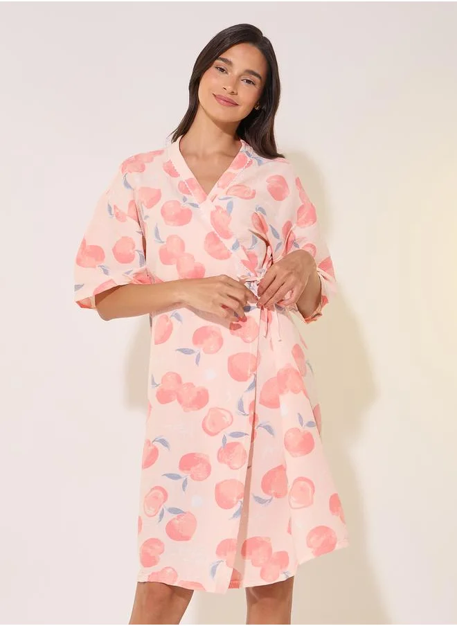 Styli Graphic Peach Print Short Sleeve Robes