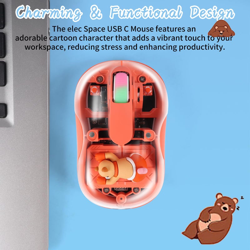 elec Space Cute Wireless USB C Mouse - Bluetooth Triple Mode Rechargeable Cartoon Mouse for Laptops, iPads & MacBook Air/Pro - Silent Operation, Portable Design, Unique Magnetic Character (Orange) - Image 3