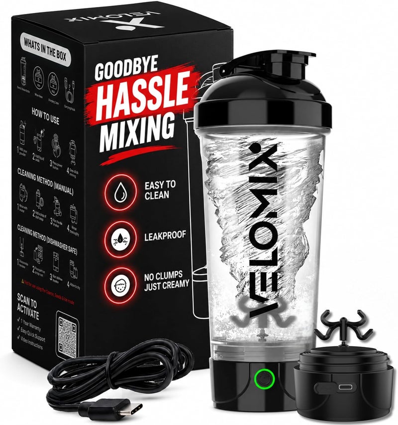 VELOMIX Electric Protein Shaker Bottle - 24 oz | USB-C Rechargeable | Leak Proof Shaker Cups for Protein Shakes | Portable Blender for Shakes and Smoothies (Electric-Transparent) - Image 1