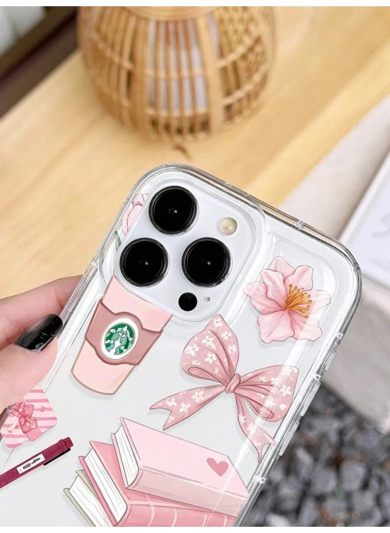 Shein Soft shockproof, scratch-resistant and drop-resistant phone case made of transparent and airy materials, decorated with pink graphics and patterns such as book, pen, cup, camera, bow, flower, compatible with iPhone 13 Pro Max - Image 2