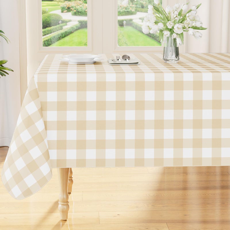 Smiry Rectangle Table Cloth, Waterproof Vinyl Tablecloths with Flannel Backing, Wipeable Buffalo Plaid Table Cover for Dining, Indoor and Outdoor (White & Beige, 60"x84") - Image 1