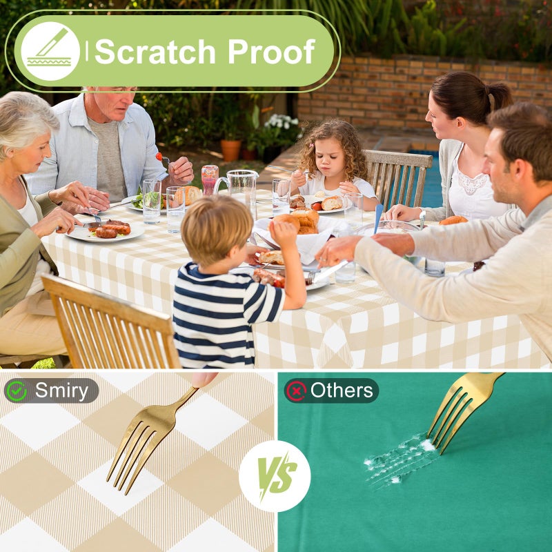 Smiry Rectangle Table Cloth, Waterproof Vinyl Tablecloths with Flannel Backing, Wipeable Buffalo Plaid Table Cover for Dining, Indoor and Outdoor (White & Beige, 60"x84") - Image 5