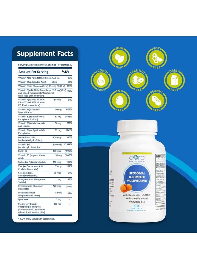 Core Med Science - Liposomal Methylated Multivitamin B-Complex by Core Med Science, 90 Softgels - Non-GMO Active Super B Complex Vitamin Supplement for Heart Health - VIT Methyl B Complex Immune Support Supplement - Image 1