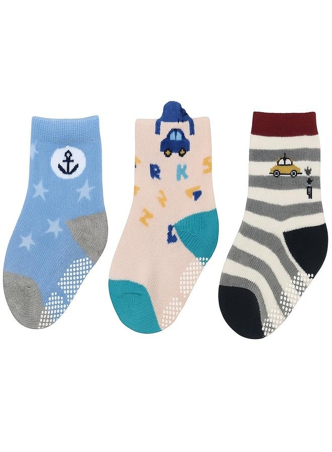 CUTEABLY Baby Boy Anti-Skid Socks, Pack of 3 Pairs (IN, Age, 18 Months, 24 Months, Pack of 3) - Image 1