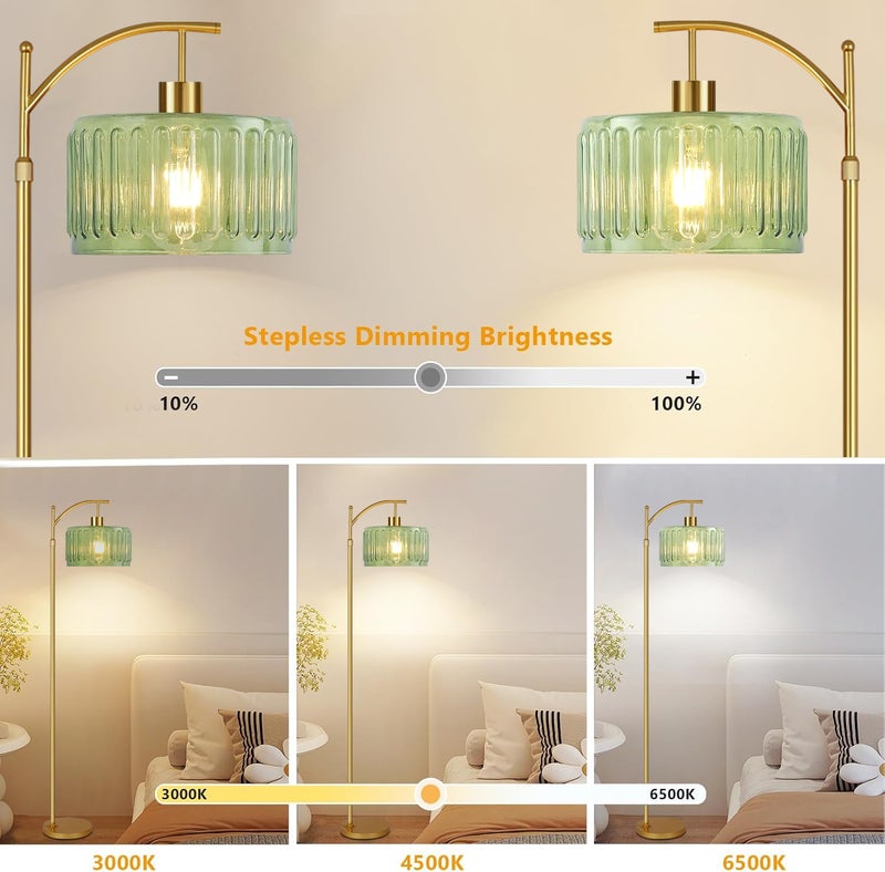 ILLMTW Glass Floor Lamp for Living Room,Bedroom,Gold Mid Century Modern Standing Lamp with Remote,Dimmable Brass Tall Lamp Vintage Retro Green Arc Flower Floor Light Boho Bohemian - Image 2