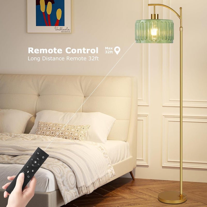 ILLMTW Glass Floor Lamp for Living Room,Bedroom,Gold Mid Century Modern Standing Lamp with Remote,Dimmable Brass Tall Lamp Vintage Retro Green Arc Flower Floor Light Boho Bohemian - Image 3