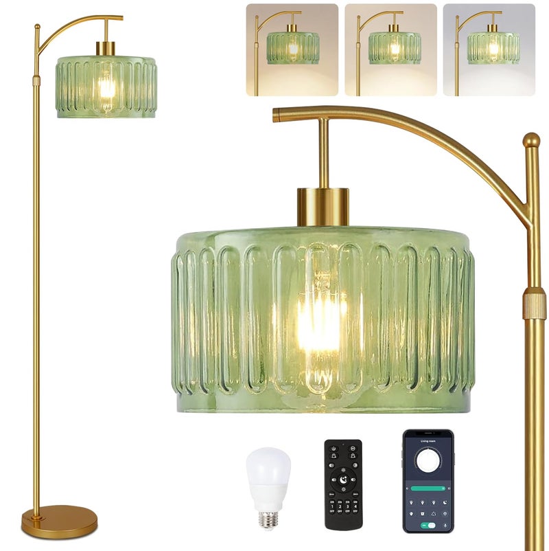 ILLMTW Glass Floor Lamp for Living Room,Bedroom,Gold Mid Century Modern Standing Lamp with Remote,Dimmable Brass Tall Lamp Vintage Retro Green Arc Flower Floor Light Boho Bohemian - Image 1